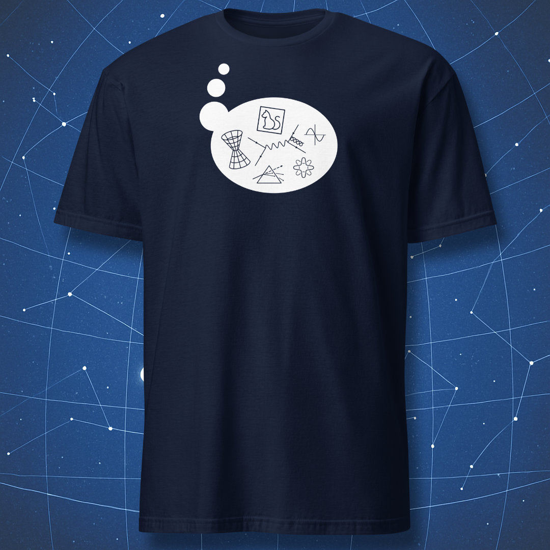 Navy T-shirt featuring white line art thought bubble full of physics doodles and scientific icons. Minimalist science shirt.