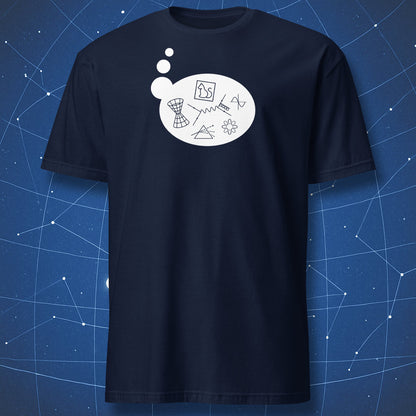 Navy T-shirt featuring white line art thought bubble full of physics doodles and scientific icons. Minimalist science shirt.