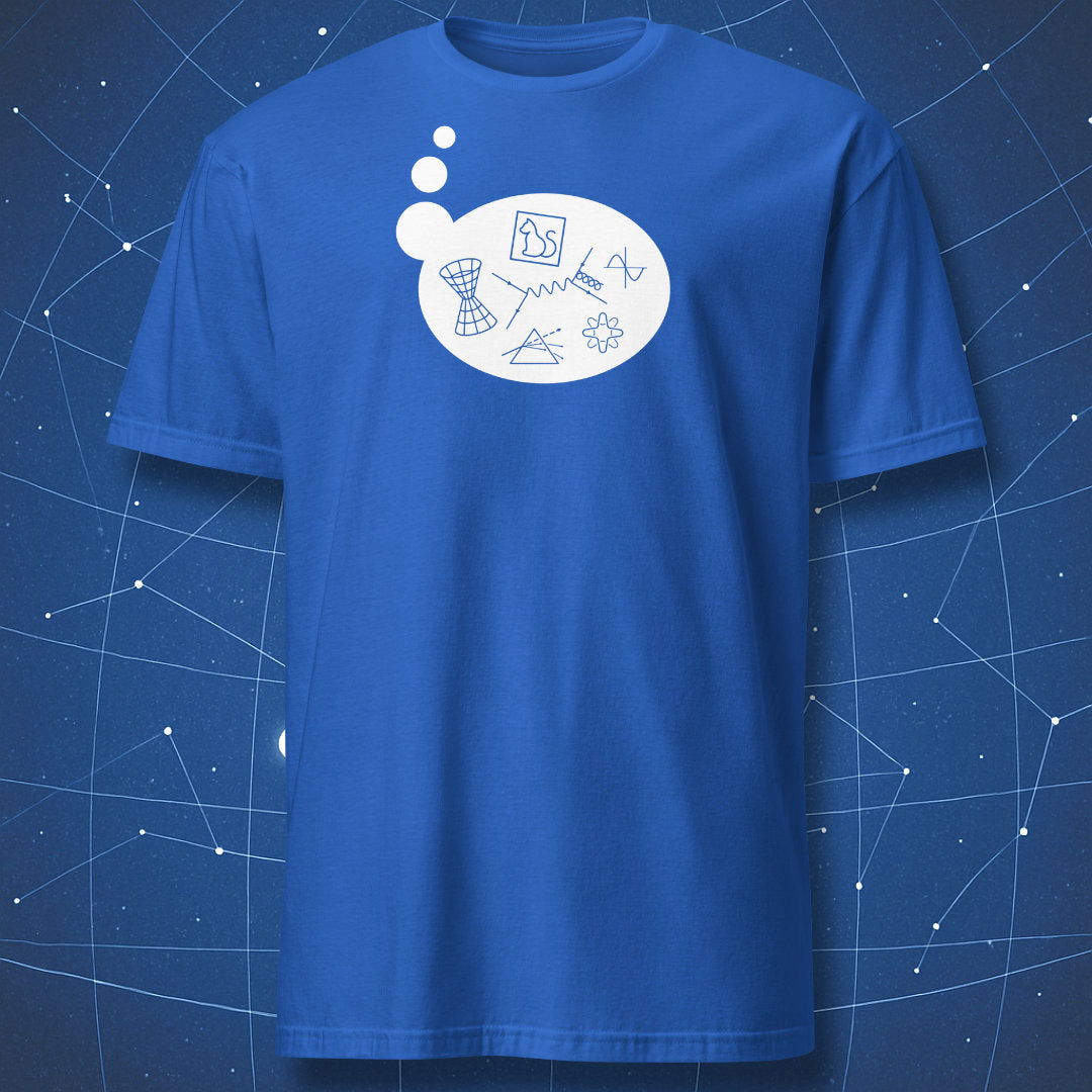 Royal blue T-shirt with clean white outlines of physics equations and diagrams inside a thought bubble.