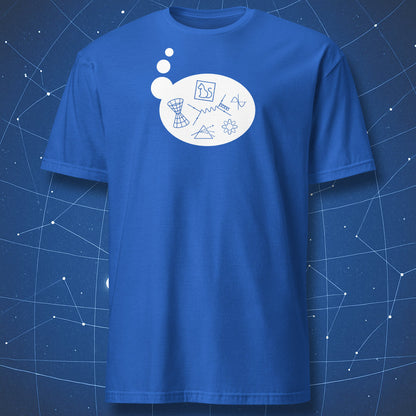 Royal blue T-shirt with clean white outlines of physics equations and diagrams inside a thought bubble.