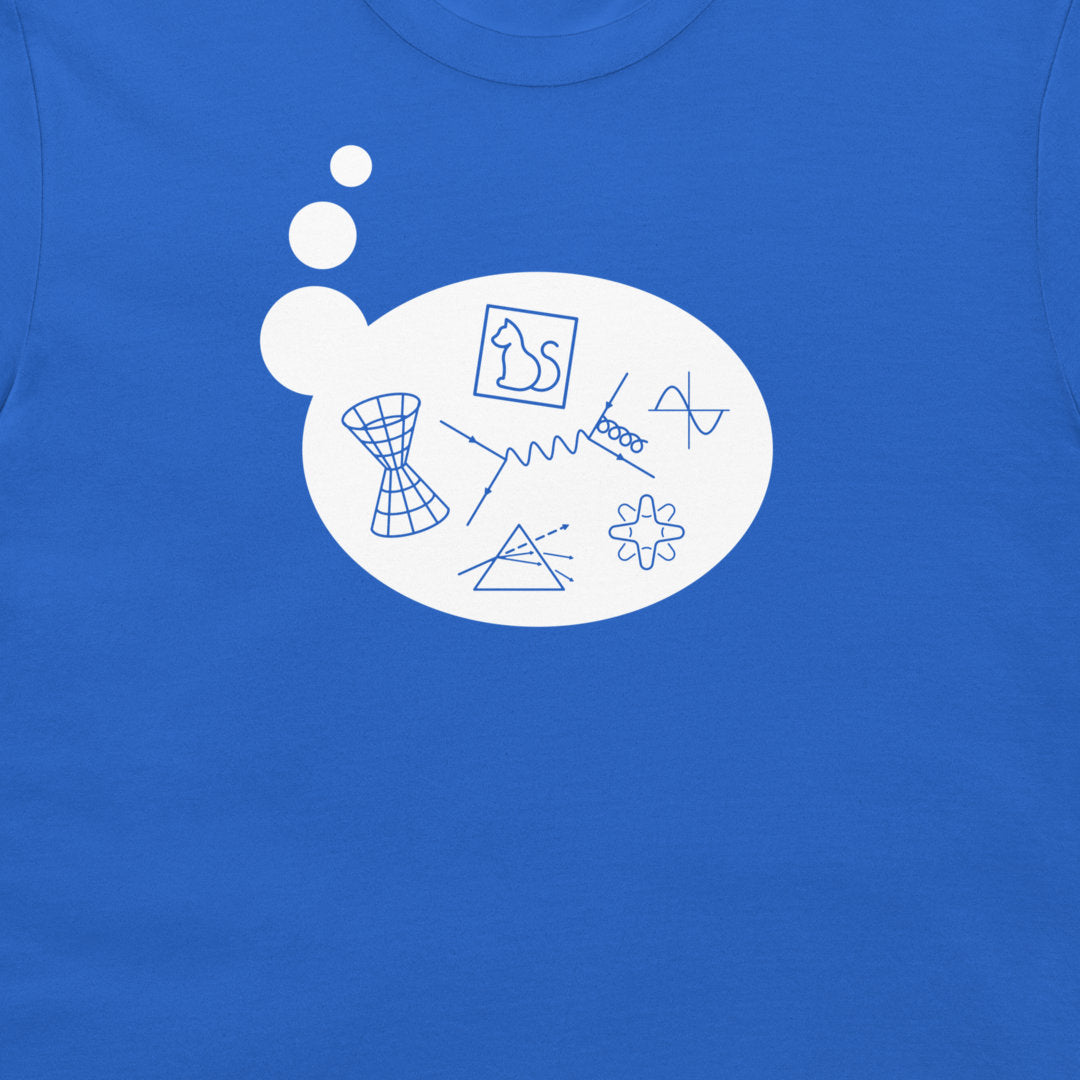 A close-up of a royal blue t-shirt featuring a white graphic print on the chest. The graphic is a white speech bubble containing minimalist blue line drawings of scientific and abstract symbols, including a DNA double helix, a prism, and wavy lines.