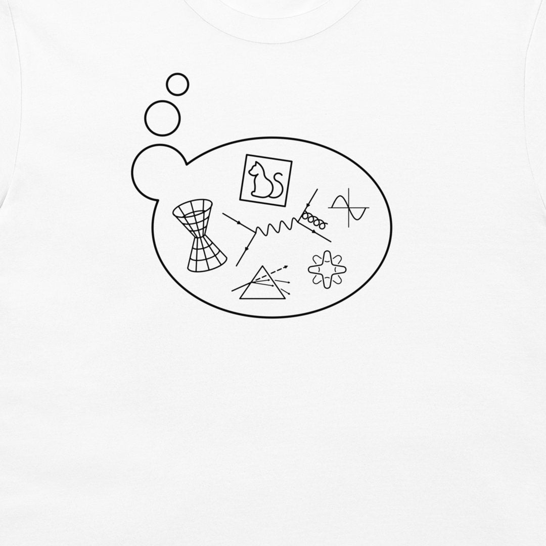 A white long-sleeve t-shirt featuring a black line art graphic of a thought bubble containing abstract scientific and mathematical symbols.