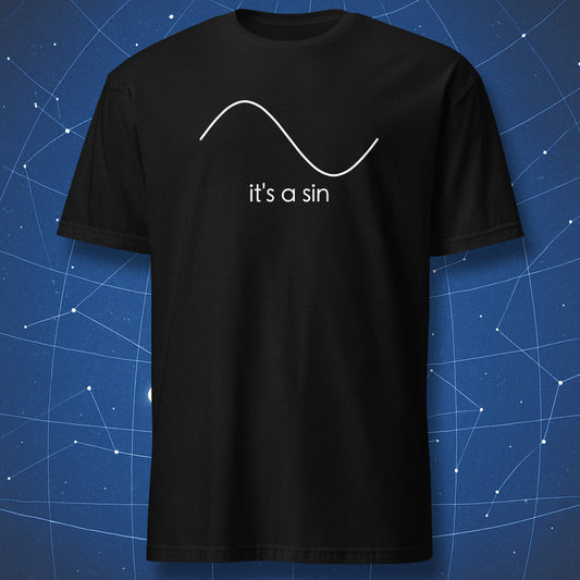 Black T-shirt with minimalist white sine wave graphic and text “it’s a sin.” Funny math pun design for nerds and teachers.
