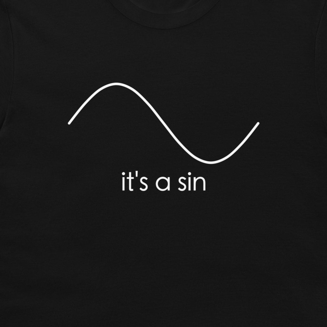 A close-up of a black t-shirt, featuring a white minimalist graphic of a sine wave and the text 'it's a sin' printed in lowercase sans-serif font.
