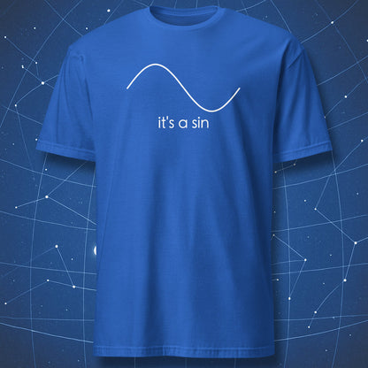 Royal blue T-shirt with white minimalist graph line forming a sine wave and text “it’s a sin.”