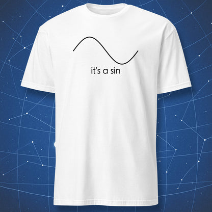 White T-shirt with black sine wave curve and caption “it’s a sin.” Minimalist math humor design.