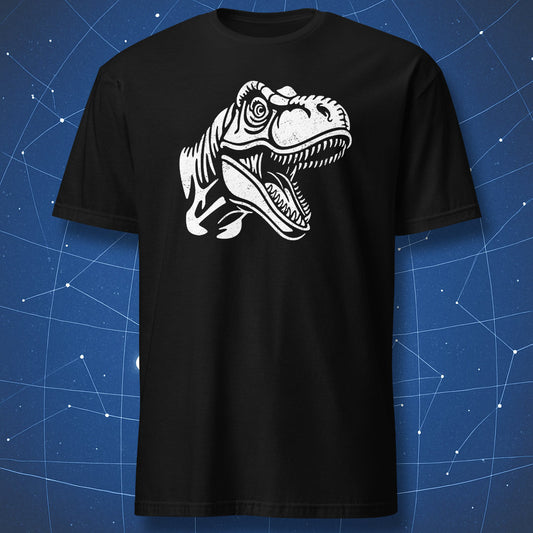 Black T-shirt with white minimalist illustration of a Tyrannosaurus head in profile. Simple dinosaur sketch design.