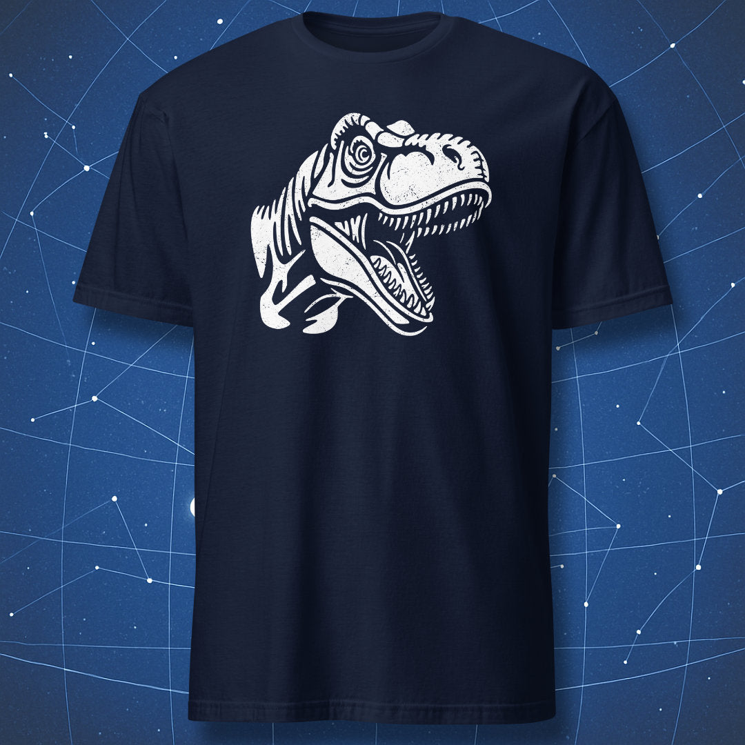 Navy T-shirt featuring white chalk-style T-Rex head drawing — clean and bold dinosaur design.