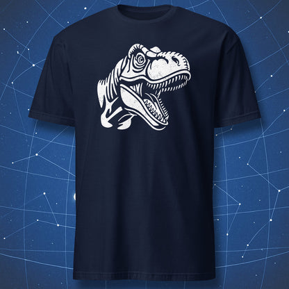 Navy T-shirt featuring white chalk-style T-Rex head drawing — clean and bold dinosaur design.