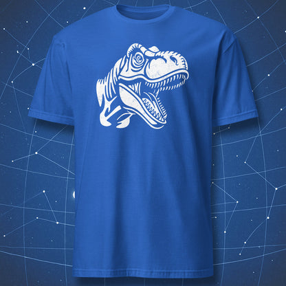Royal blue T-shirt with white line art of a roaring T-Rex. Simple minimalist dinosaur shirt for science lovers.