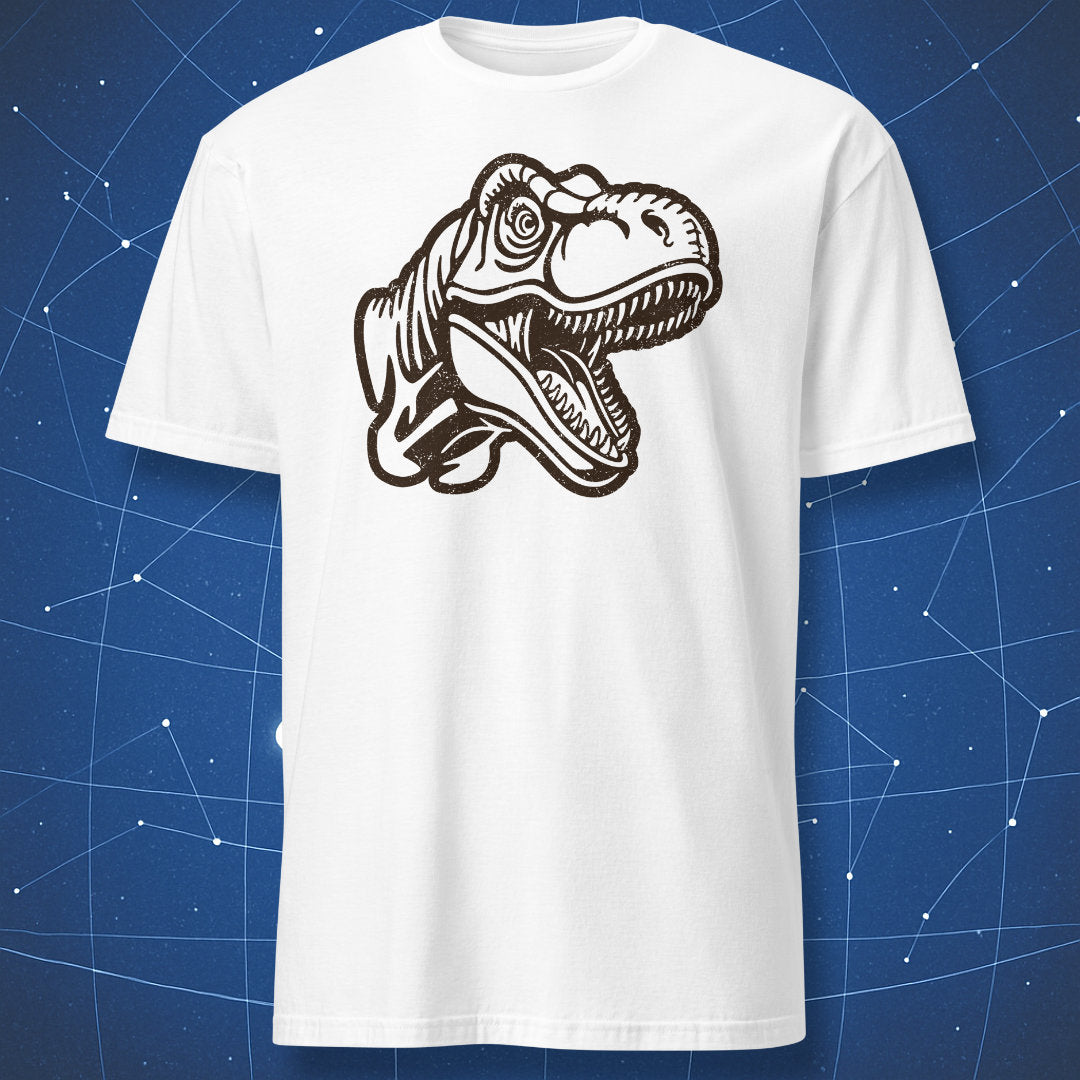 White T-shirt with black T-Rex head sketch — minimalist dinosaur illustration design.