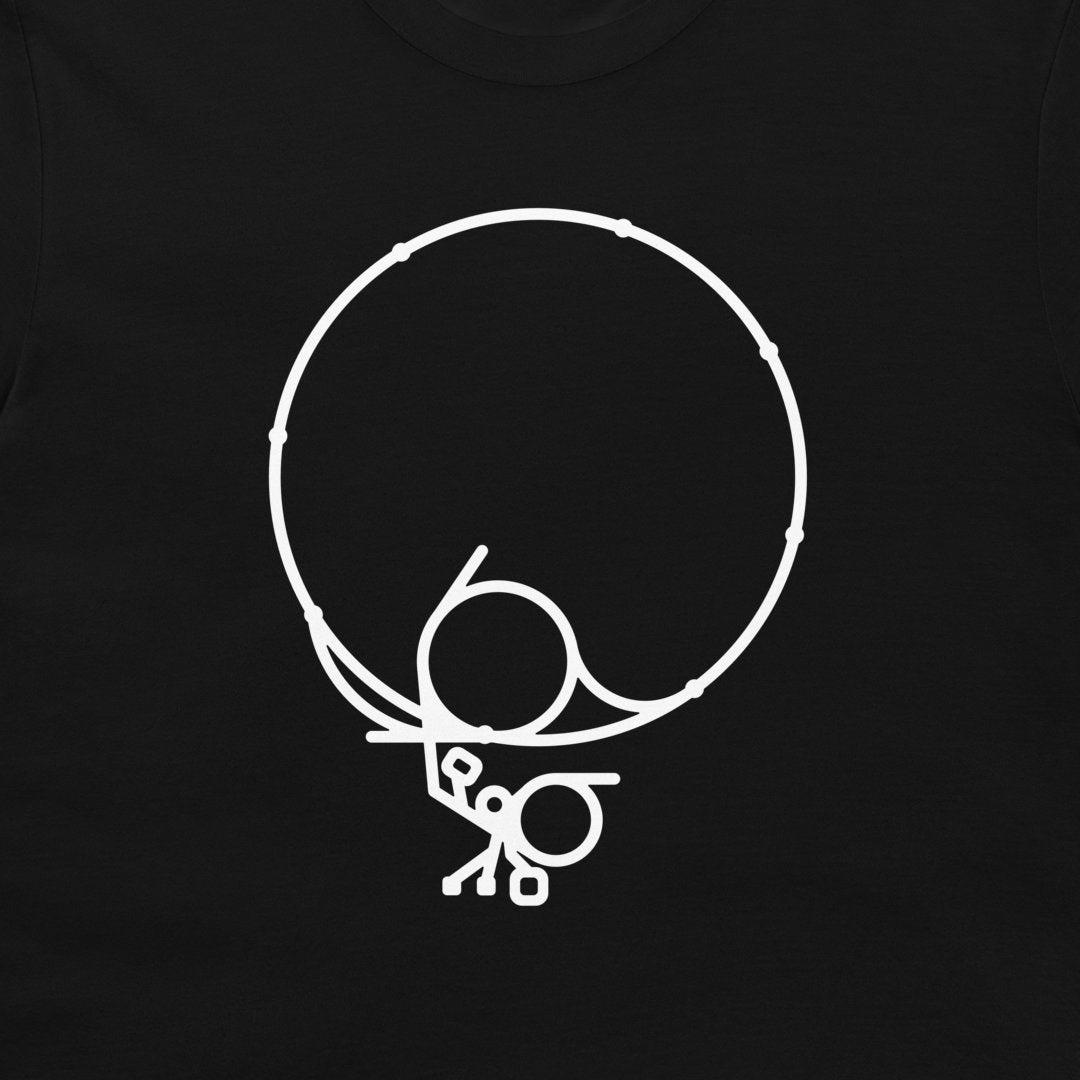 A close-up of a black garment, likely a t-shirt, featuring a minimalist white line art graphic of a stylized figure inside a large circle.