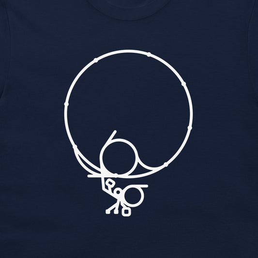 A close-up of a navy blue garment, likely a t-shirt, featuring a minimalist white line art graphic of a stick figure inside a large circle.