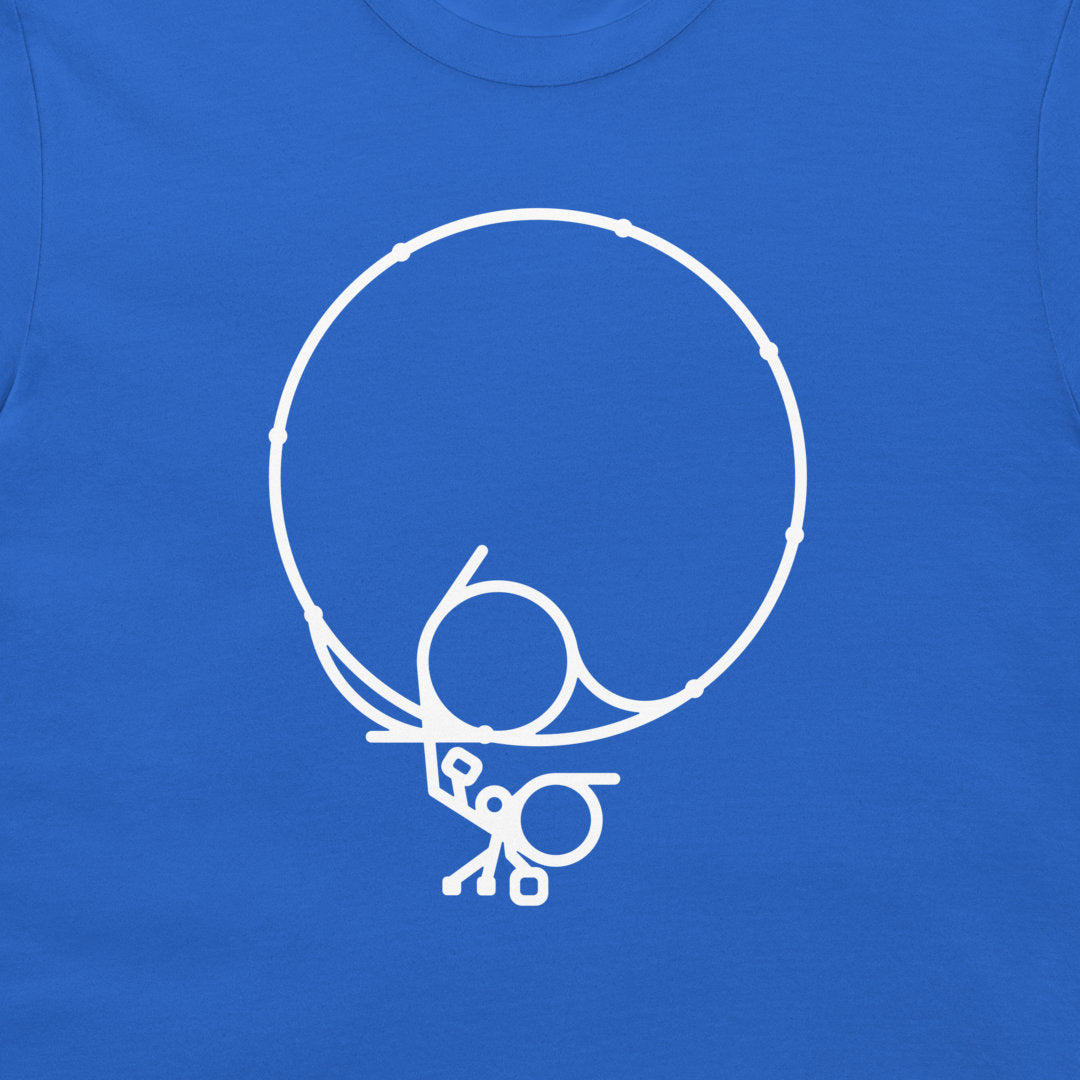 A close-up of a royal blue t-shirt featuring a minimalist white line art graphic of a stick figure inside a large circle.