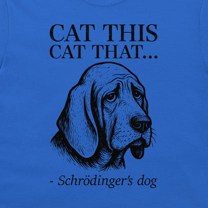 A close-up of a blue graphic print on a garment featuring the text 'CAT THIS CAT THAT - Schrödinger's dog.