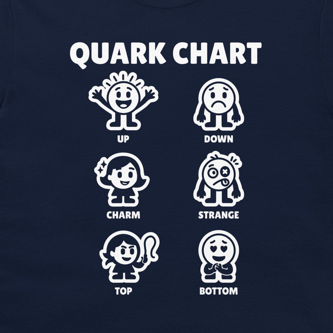 A close-up of a navy blue t-shirt featuring a white graphic print titled 'QUARK CHART' with six cartoon quark illustrations labeled UP, DOWN, CHARM, STRANGE, TOP, and BOTTOM.
