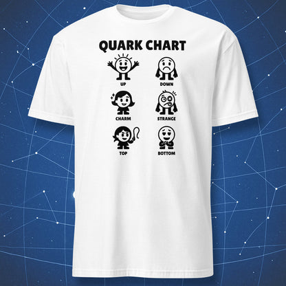 White T-shirt with black “Quark Chart” design showing six cartoon-style quark personalities — educational and humorous science shirt.