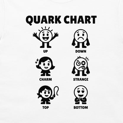 A white t-shirt featuring a black graphic print titled 'QUARK CHART' with six cartoon quark illustrations labeled UP, DOWN, CHARM, STRANGE, TOP, and BOTTOM.