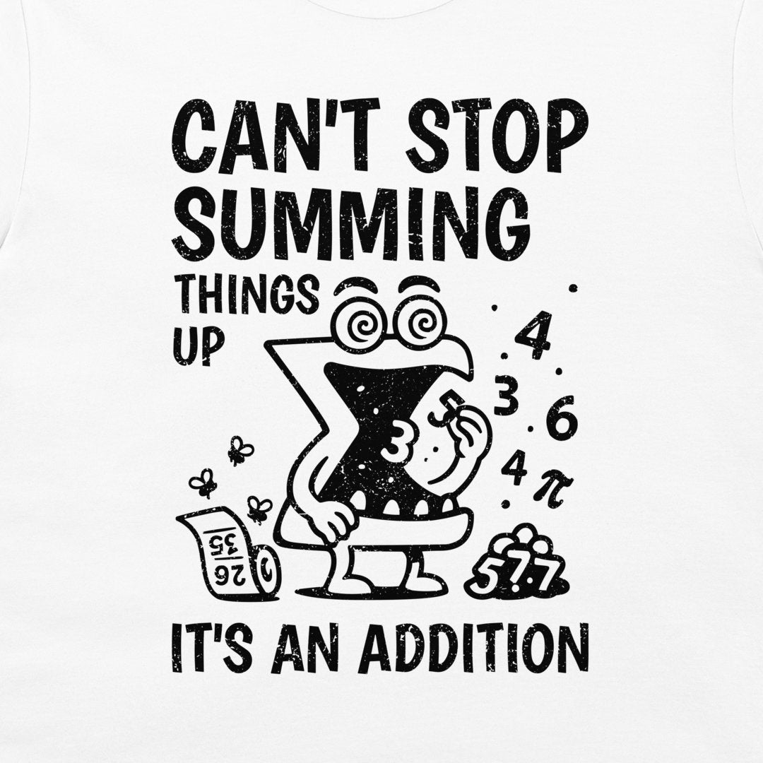 A close-up of a cwhite t-shirt featuring a black graphic print. The design shows a cartoon letter 'X' character in a toilet bowl with the text 'CAN'T STOP SUMMING THINGS UP' above and 'IT'S AN ADDITION' below, surrounded by numbers and a calculator.