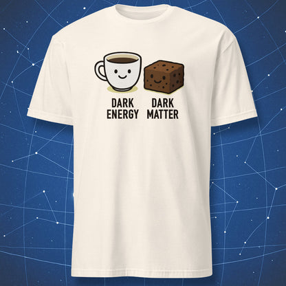 White t-shirt with coffee cup and brownie graphic and text 'Dark Energy' and 'Dark Matter' on a blue grid background
