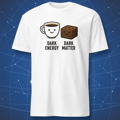 White T-shirt featuring a smiling coffee cup labeled “Dark Energy” next to a brownie labeled “Dark Matter” — cute science and coffee humor tee.
