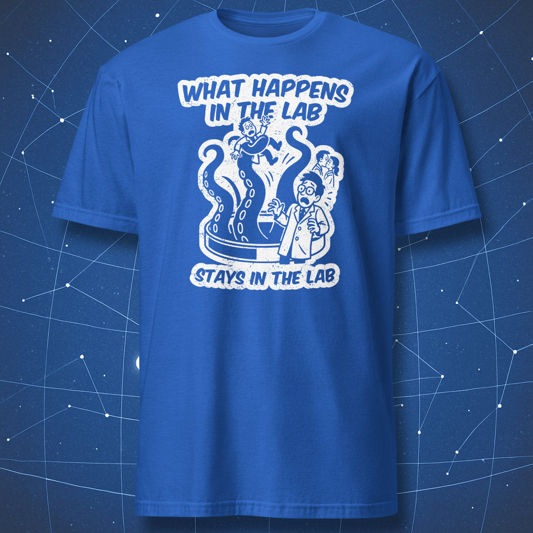 Royal blue T-shirt showing a comic scientist and monster with text “What Happens in the Lab Stays in the Lab” — lab humor gift idea.