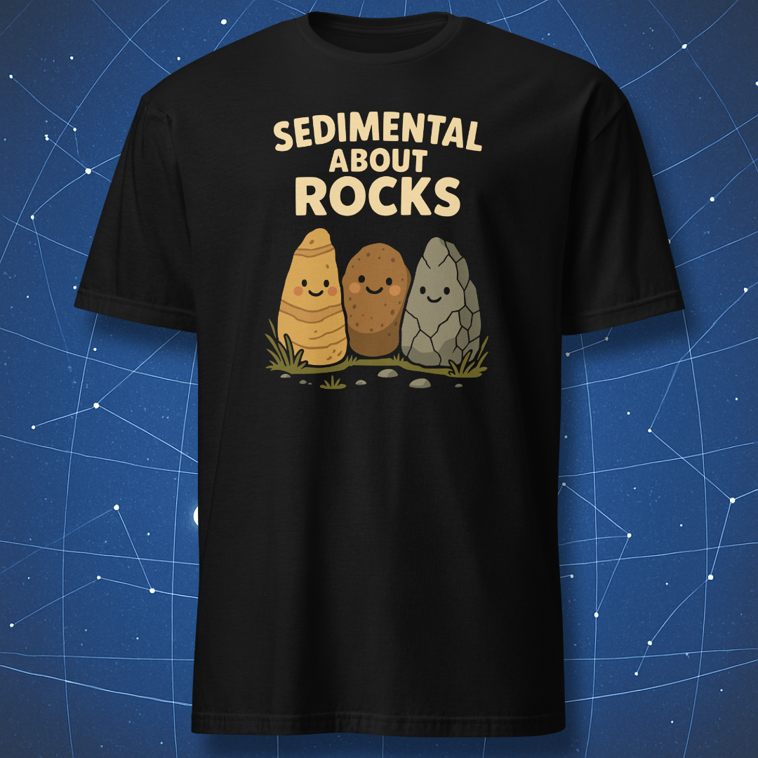 Black T-shirt with three cartoon rocks smiling under the text “Sedimental About Rocks” — cute geology pun shirt.