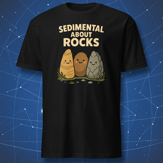Black T-shirt with three cartoon rocks smiling under the text “Sedimental About Rocks” — cute geology pun shirt.