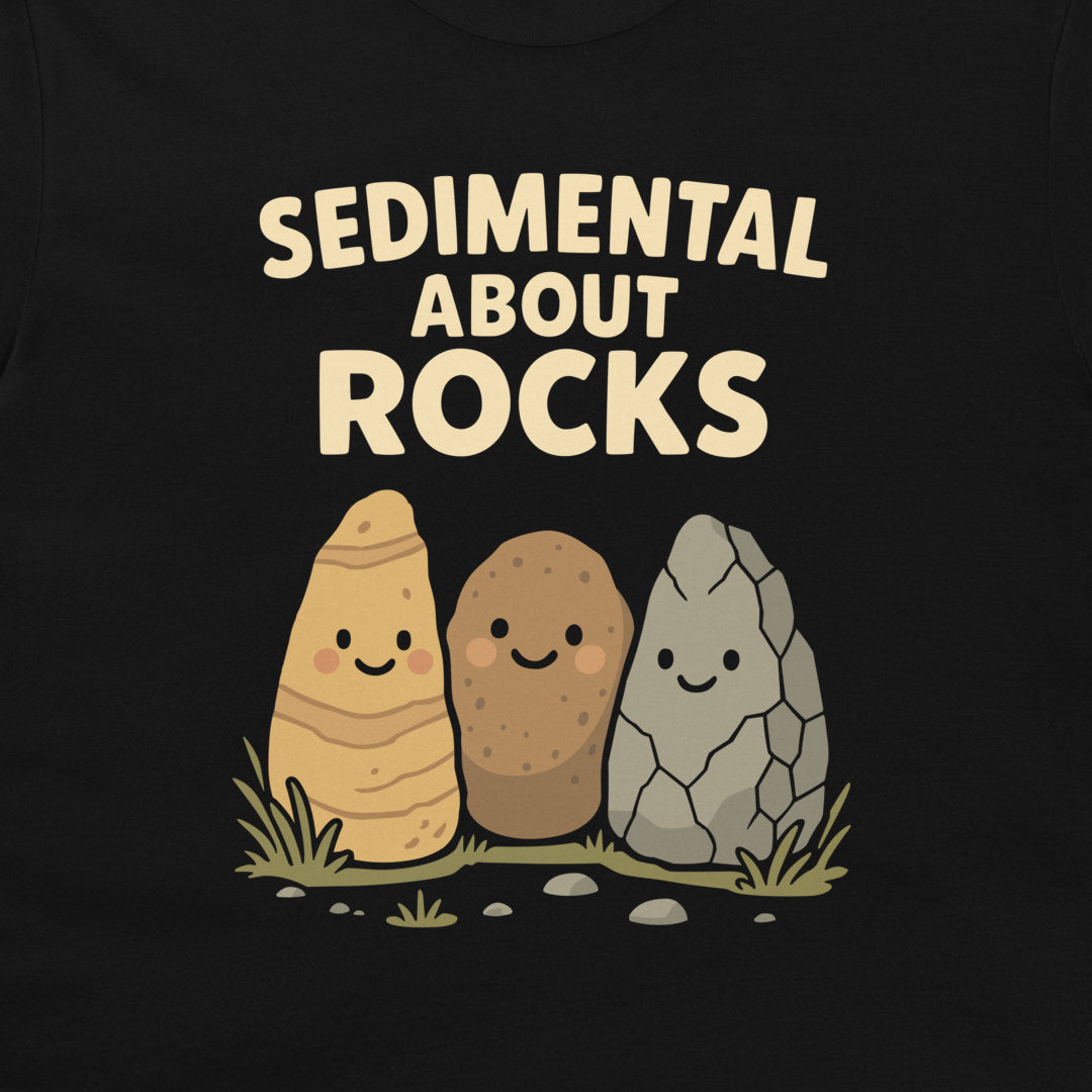 A black t-shirt featuring a cute graphic of three smiling rocks labeled 'SEDIMENTAL ABOUT ROCKS' in cream-colored text.