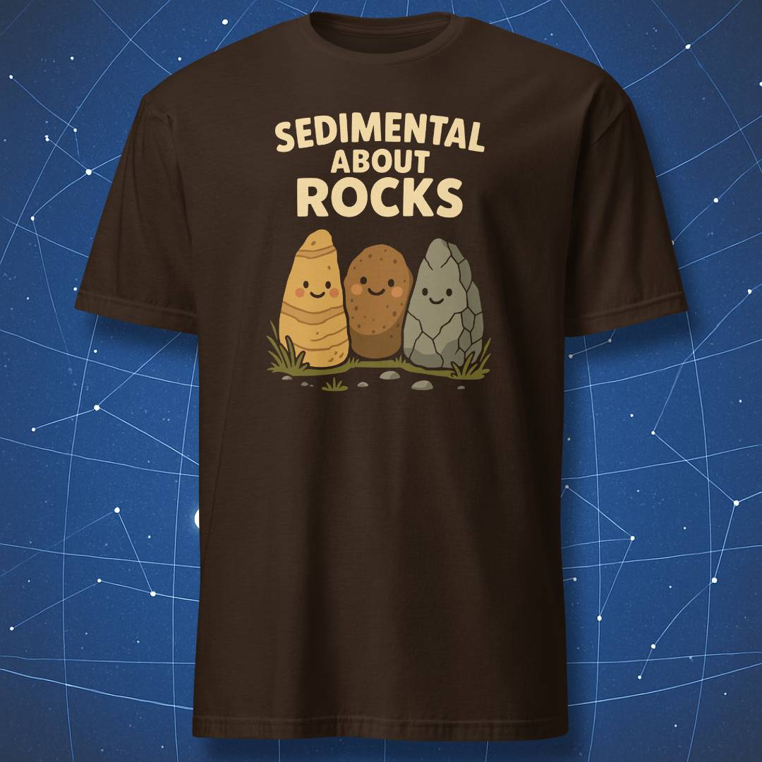Dark brown T-shirt featuring a trio of happy sedimentary rocks and the caption “Sedimental About Rocks” — funny geologist gift tee.