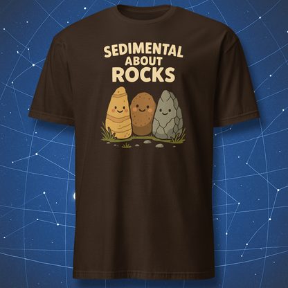 Dark brown T-shirt featuring a trio of happy sedimentary rocks and the caption “Sedimental About Rocks” — funny geologist gift tee.