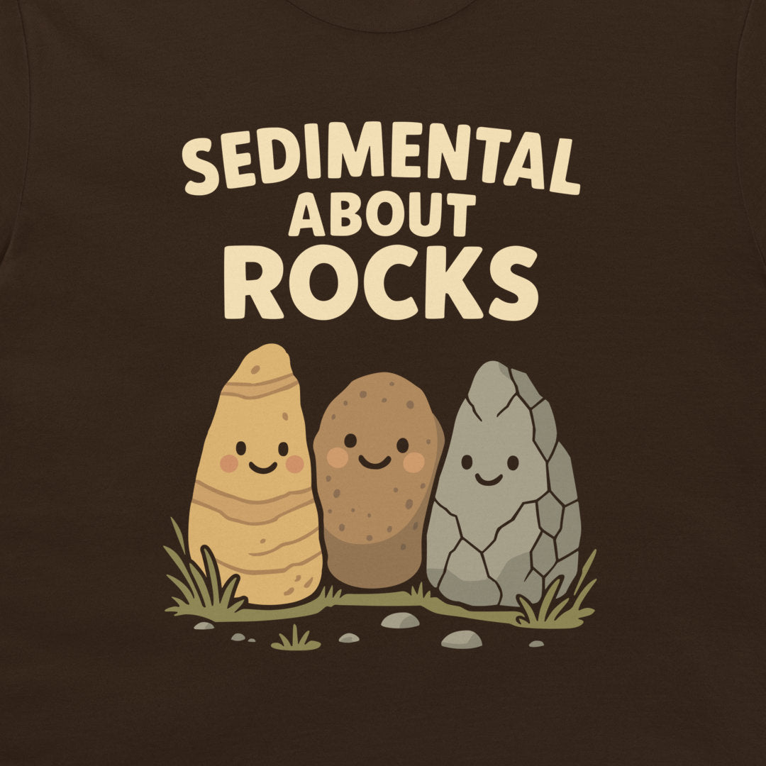 A dark chocolate t-shirt featuring a cute graphic of three smiling rocks labeled 'SEDIMENTAL ABOUT ROCKS' in cream-colored text.