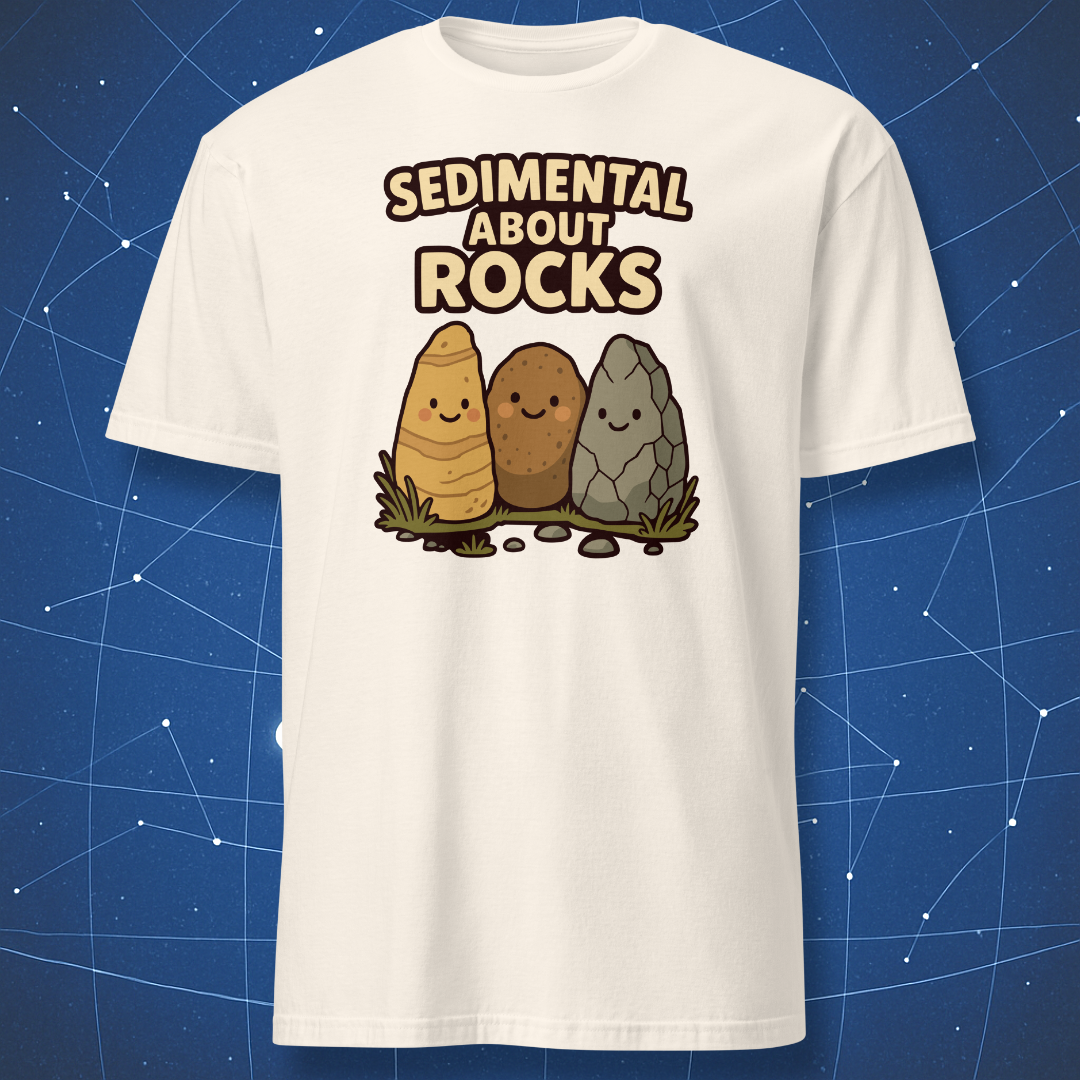 Natural off-white T-shirt showing three smiling cartoon rocks and “Sedimental About Rocks” text — adorable earth science humor shirt.