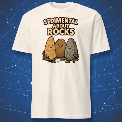 Natural off-white T-shirt showing three smiling cartoon rocks and “Sedimental About Rocks” text — adorable earth science humor shirt.