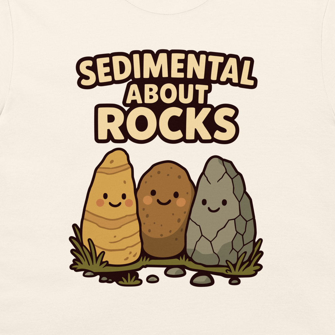 A close-up of a light cream-colored garment, likely a t-shirt, featuring a cartoon graphic of three smiling rocks labeled 'SEDIMENTAL ABOUT ROCKS'.