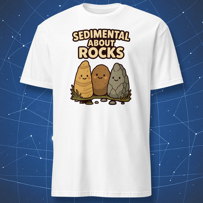 White T-shirt with a cheerful illustration of three friendly rocks and the phrase “Sedimental About Rocks” — cute pun tee for geology lovers.