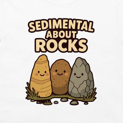 A white t-shirt featuring a cartoon graphic of three smiling rocks labeled 'SEDIMENTAL ABOUT ROCKS' in bold brown and beige lettering.