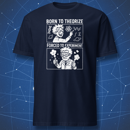 Navy T-shirt featuring two white comic panels of a scientist theorizing and then causing a lab explosion — STEM humor tee.