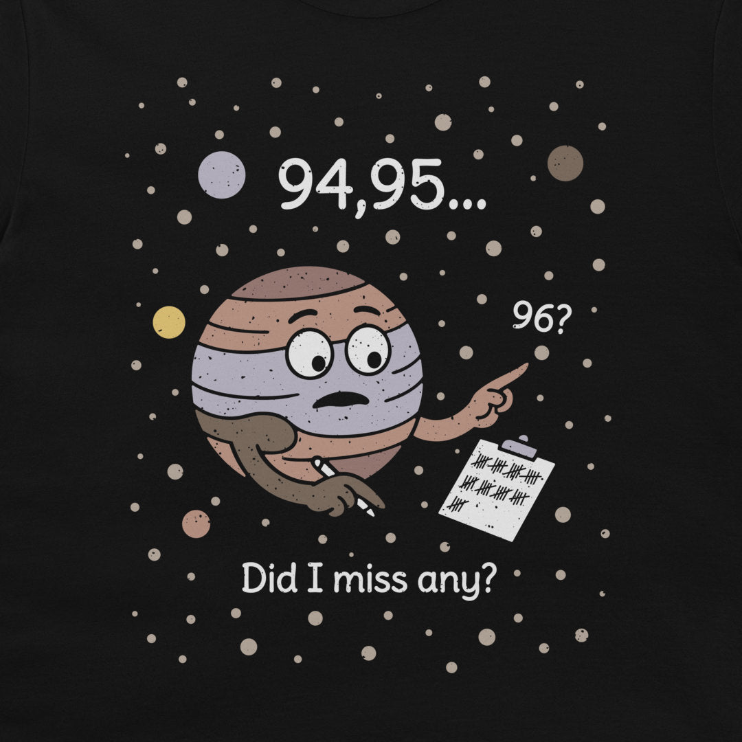 A black graphic t-shirt featuring a cartoon illustration of Jupiter with a worried face, surrounded by white text reading '94,95.