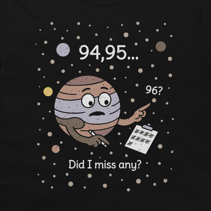 A black graphic t-shirt featuring a cartoon illustration of Jupiter with a worried face, surrounded by white text reading '94,95.