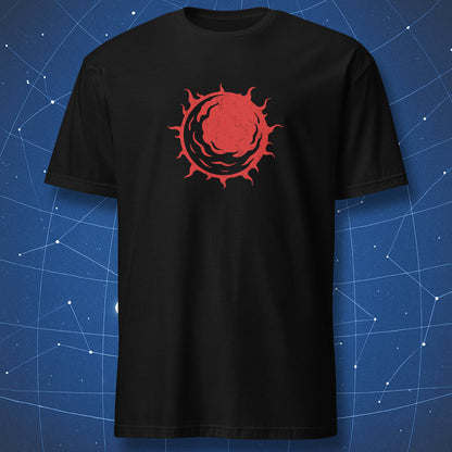 Black T-shirt with a red dying star graphic depicting a swirling red supergiant with fiery edges.