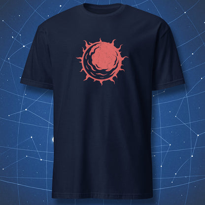 Navy T-shirt featuring a red dying star graphic of a collapsing red supergiant with swirling solar flames.