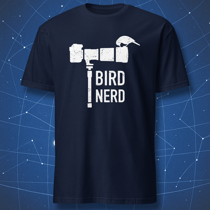 Navy blue T-shirt featuring a white “Bird Nerd” design with a bird perched on a camera — perfect for birdwatchers and nature lovers.