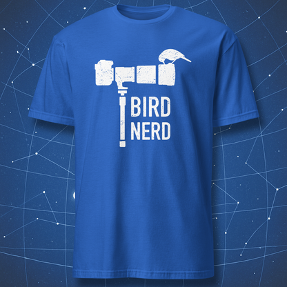 Navy blue T-shirt featuring a white “Bird Nerd” design with a bird perched on a camera — perfect for birdwatchers and nature lovers.