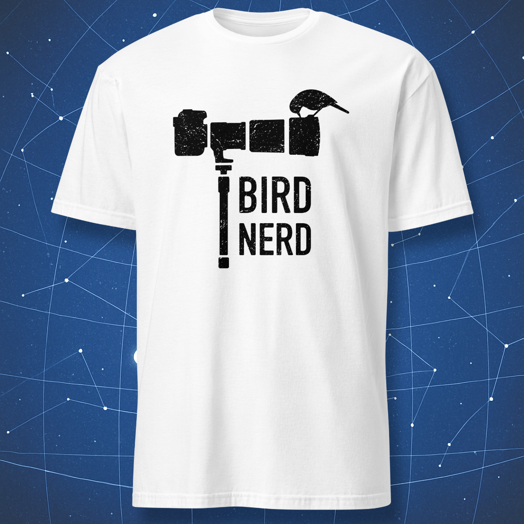 White T-shirt with a black minimalist “Bird Nerd” print — camera and bird outline forming the design, simple and geeky.