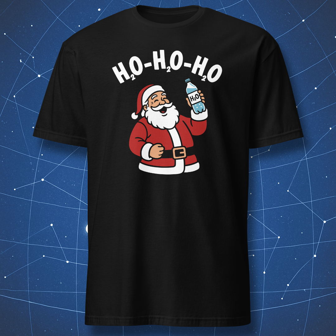 Black T-shirt with Santa holding a bottle marked H₂O and the text “H₂O-H₂O-H₂O” — funny chemistry Christmas design.