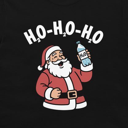 A close-up of a black garment featuring a cartoon Santa Claus holding a bottle labeled H2O, with the text 'H2O-H2O-H2O' above him.