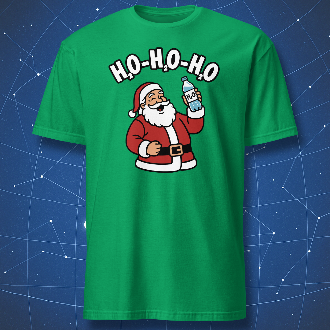 Irish green T-shirt with Santa and H₂O bottle graphic captioned “H₂O-H₂O-H₂O” — clever science holiday pun shirt.