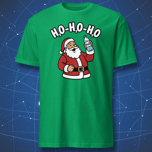Irish green T-shirt with Santa and H₂O bottle graphic captioned “H₂O-H₂O-H₂O” — clever science holiday pun shirt.