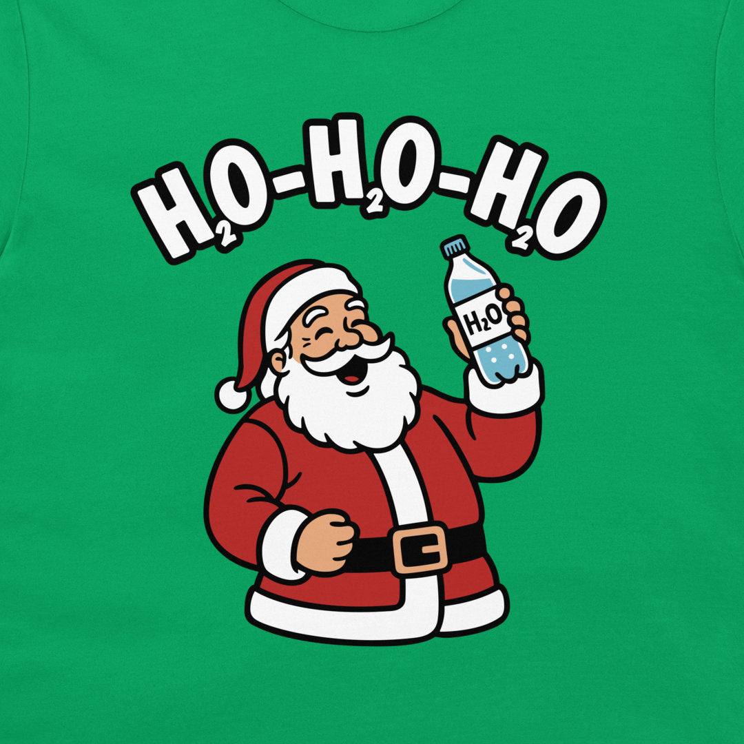 A green crewneck t-shirt featuring a cartoon graphic of Santa Claus holding a bottle of H2O, with the text 'H2O-H2O-H2O' arched above him.